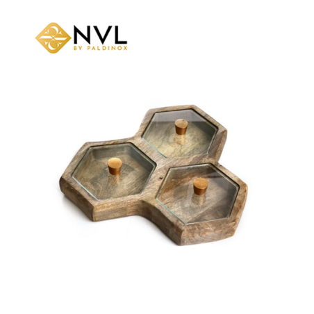 X5516K שלישיית מגשי עץ משושים מחוברים מכסי זכוכית 30/30 ס