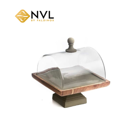 X5014A מגש מתכת מרובע על רגל אפור בסיס עץ טיבעי/ פעמון זכוכית שקוף 22/22 ס