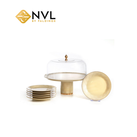 X5470A מגש פורצלן על רגל/ פעמון זכוכית וסט 6 צלחות פורצלן עיטור אפור קוטר 31 גובה 18.7 ס