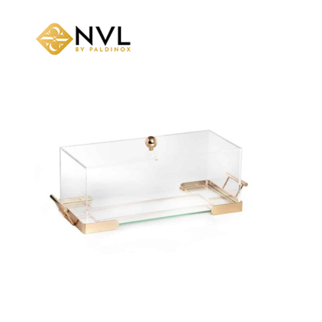 X5568 מגש ופעמון אקרילי שקוף/ מתכת זהב 39/15 גובה 17 ס