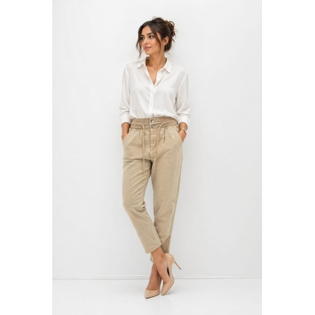 מכנסי צ'ינו נינוחים בגזרה גבוהה עם סגירת שרוך - בז' | מידה 38