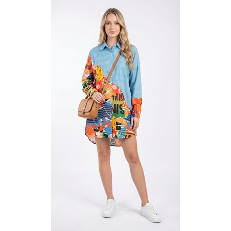 סט שמלת טוניקה מעוטרת בהדפסי פופ ארט צבעוניים למראה נועז ומודרני.