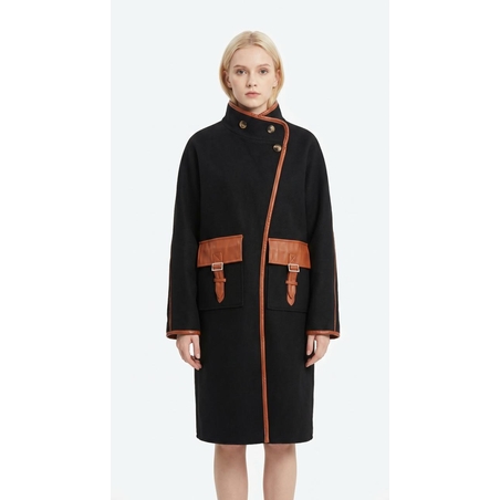 מעיל צמר ארוך עם שילובי עור (Long Wool Coat with Leather Details)