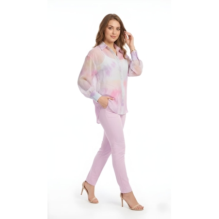 חולצה מכופתרת חצי שקופה בהדפס פסטל (Pastel Tie-Dye Sheer Shirt)