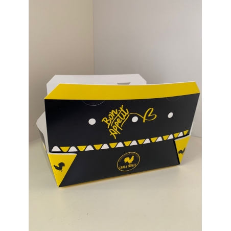 קופסת צ'יפס ממותגת + ציפוי עמיד לשומן.