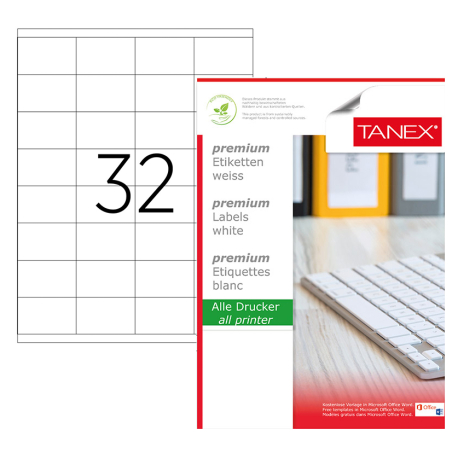 דפי מדבקות לייזר לבנות מחולק 32 TANEX