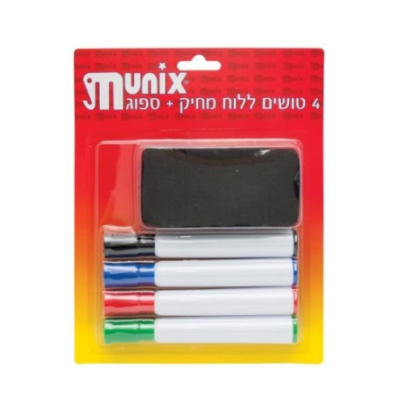4 טושים ללוח מחיק + ספוג