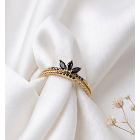 טבעת כתר ופס זירקונים שחורים/לבנים