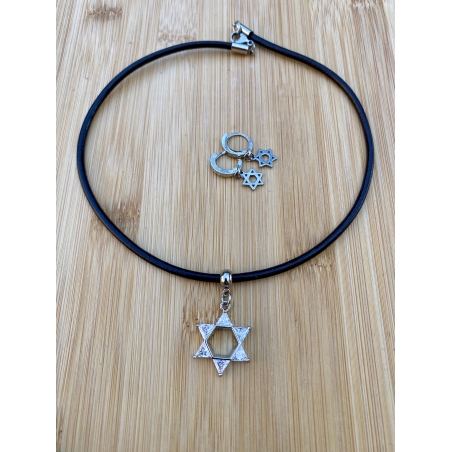 שרשרת עור  מגן דוד ועגיל תואם
