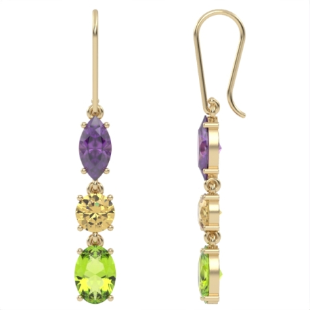 Earrings made of 14k gold set with citrine stones, Amitist Peridot. Model EAG1