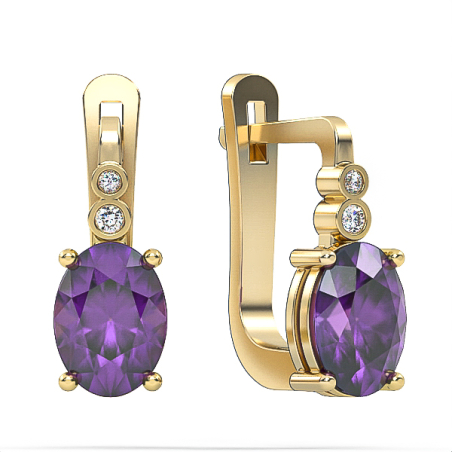Earrings made of 14k gold set with amethyst stones and diamonds Model EAG3