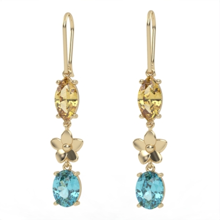 Earrings made of gold inlaid with citrine stones and Swiss blue topaz. Model EAG9