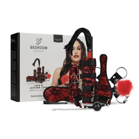 סט קשירה יוקרתי בעיצוב תחרה ועור אדום-Bedroom Fantasies