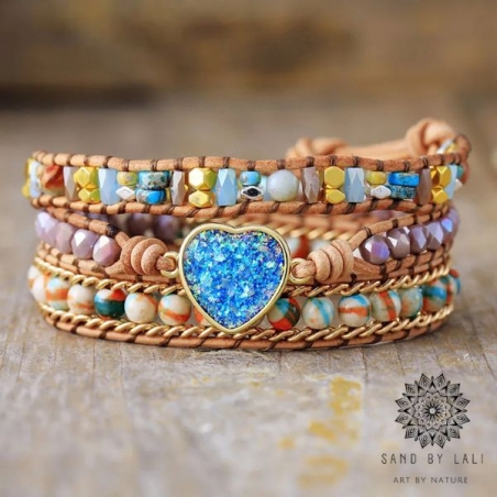 Handmade Natural Stone Heart Shape Crystal Opal Charm 3 Strands Leather Wrap Bracelet