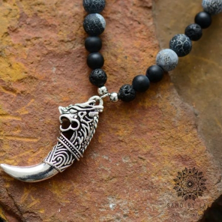 Men's Handmade Matte Onyx and Lava Stone Necklace with Antique Dragon Tusk Pendant - Steampunk Natural Stone Jewelry