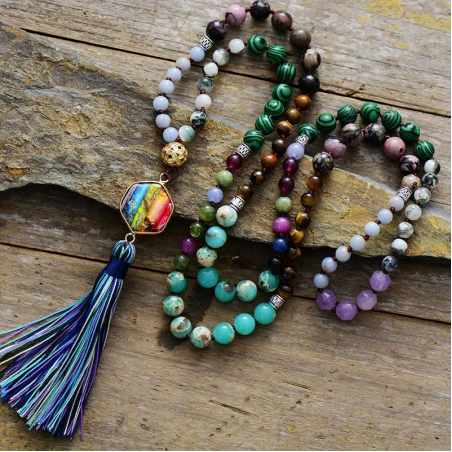 108 Bead Mala Necklace - Healing Natural Stone Spiritual Pendant for Meditation and Anxiety Relief