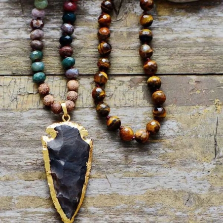 Luxurious Tiger Eye & Onyx Arrowhead Pendant Necklace - Handmade Boho Chic Jewelry for Women