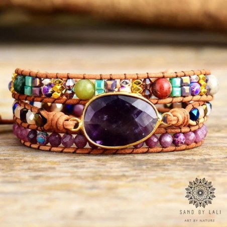 Triple-Layer Amethyst Leather Wrap Bracelet - Handmade Bohemian Statement Jewelry