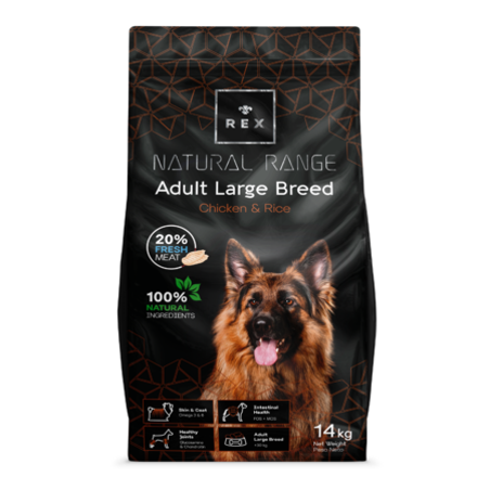 רקס נטורל ראנג' כלב מגזע גדול עוף ואורז 14 ק