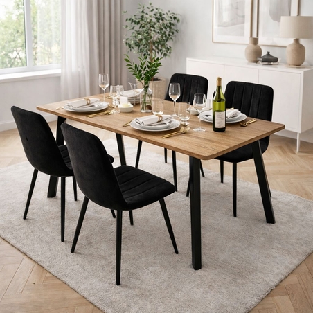 פינת אוכל קומפקטית הכוללת שולחן אוכל ו- 4 כיסאות מרופדים בגוון שחור דגם גולן-ריביירה