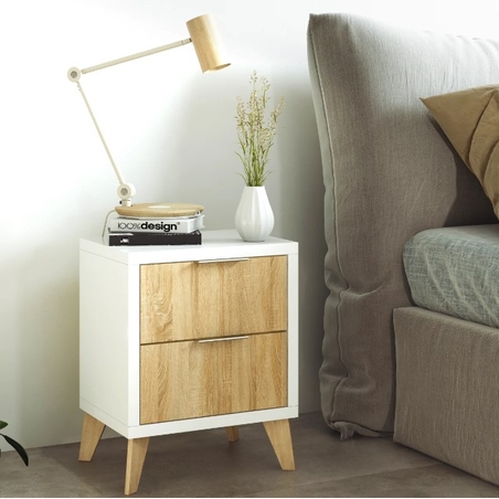 זוג שידות לילה 2 מגירות דגם אסטוריה ASTORIA לבן עם מגירות אלון