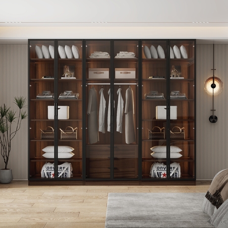 ארון בגדים 6 דלתות זכוכית עם תאורת LED רוחב 240 סדרת איטליה דגם רומא חום כהה | מבית WOODY