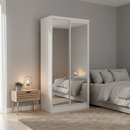 ארון הזזה 2 דלתות 100×220 עם מראות דגם מיאמי Miami לבן | מבית WOODY