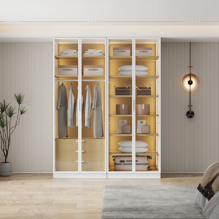 ארון בגדים 4 דלתות זכוכית עם תאורת LED רוחב 160 סדרת איטליה דגם פיזה לבן משולב עץ טבעי | מבית WOODY