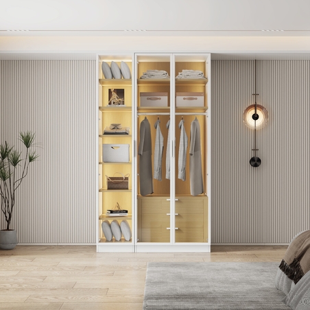 ארון בגדים 3 דלתות זכוכית עם תאורת LED רוחב 120 סדרת איטליה דגם טורינו לבן משולב עץ טבעי | מבית WOODY