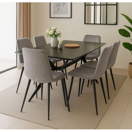 פינת אוכל מקרמיקה דגם טוסקנה 140X80 עם 6 כיסאות קטיפה בגוון אפור בהיר דגם ריביירה