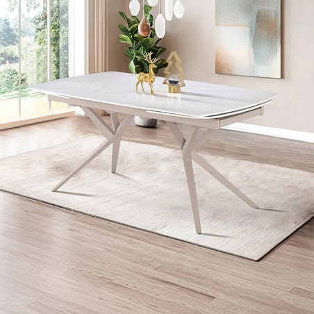 שולחן אוכל אבן קרמית באורך 1.6 מ' נפתח ל- 2.4 מ' עם רגלי ברזל דגם טוויסט