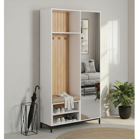 ארון כניסה מעוצב רוחב 100 כולל ספסל ישיבה ומראה דגם טוקיו Tokyo לבן משולב אלון | מבית WOODY