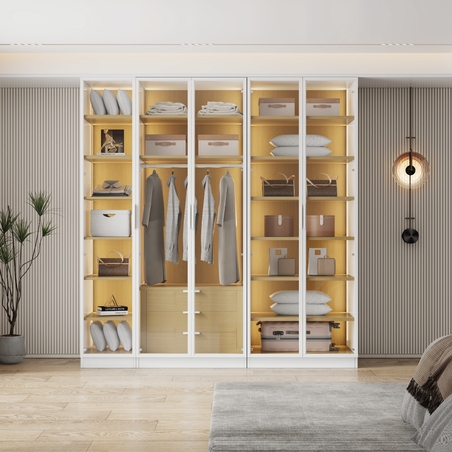 ארון בגדים 5 דלתות זכוכית עם תאורת LED רוחב 200 סדרת איטליה דגם לוקה לבן משולב עץ טבעי | מבית WOODY