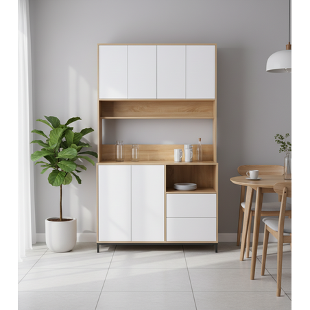 ארון שירות למטבח 120×210 עם מקום למיקרוגל דגם אוריין Orian לבן משולב עץ | מבית WOODY