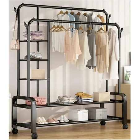 מתלה בגדים אקסטרה מתכתי כפול כולל מדפים שחור