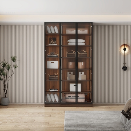 ארון בגדים 3 דלתות זכוכית עם תאורת LED רוחב 120 סדרת איטליה דגם אלגרו חום כהה | מבית WOODY