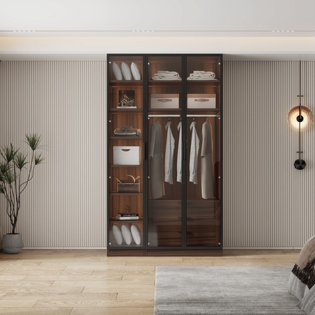 ארון בגדים 3 דלתות זכוכית עם תאורת LED רוחב 120 סדרת איטליה דגם טורינו חום כהה | מבית WOODY