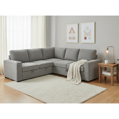 סלון פינתי מודולרי נפתח למיטה זוגית עם ארגז מצעים דגם לאטי LATTI אפור בהיר