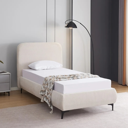 מיטה יחיד למזרן 90×190 מרופדת בד רחיץ 3D עם רגלי ברזל דגם קורין קרם
