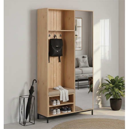 ארון כניסה מעוצב רוחב 100 כולל ספסל ישיבה ומראה דגם טוקיו Tokyo אלון | מבית WOODY