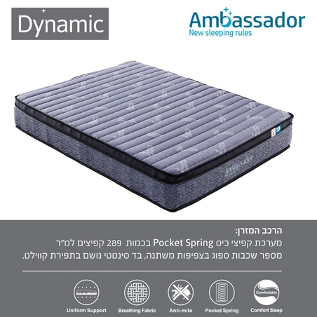 מזרן קפיצים מבודדים למיטת נוער 120×190 עם ריפוד בד במבו אוורירי וחיזוקי צד AMBASSADOR דגם דינמיק