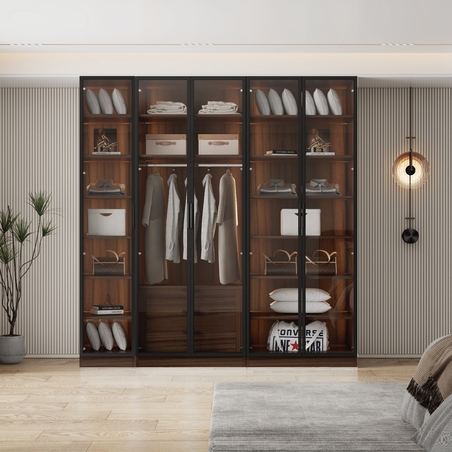ארון בגדים 5 דלתות זכוכית עם תאורת LED רוחב 200 סדרת איטליה דגם לוקה חום כהה | מבית WOODY