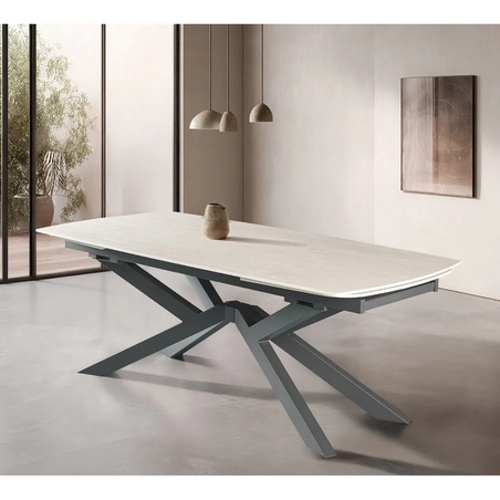 שולחן אוכל אבן קרמית מפואר באורך 2 מ' נפתח ל- 3 מ' עם רגלי ברזל דגם ספוטניק טרוונטין