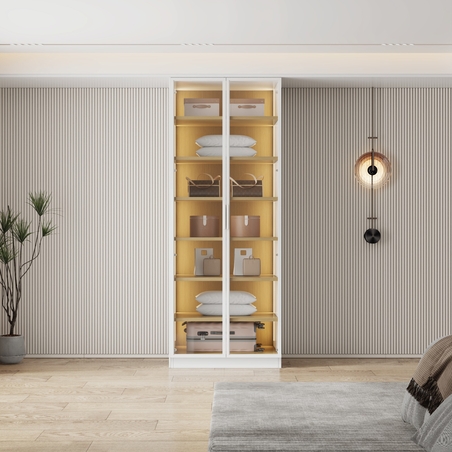 ארון בגדים 2 דלתות זכוכית עם תאורת LED רוחב 80 דגם ונציה לבן משולב עץ טבעי | מבית WOODY