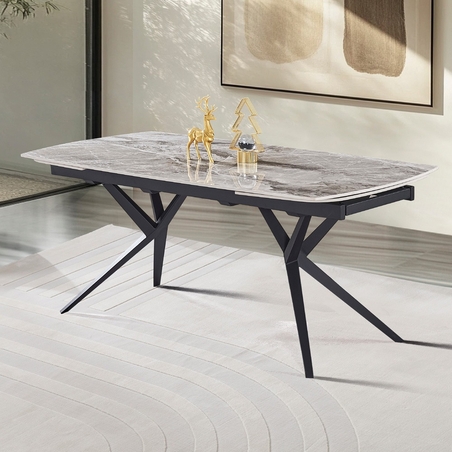 שולחן אוכל אבן קרמית באורך 1.6 מ' נפתח ל- 2.4 מ' עם רגלי ברזל דגם טרנד