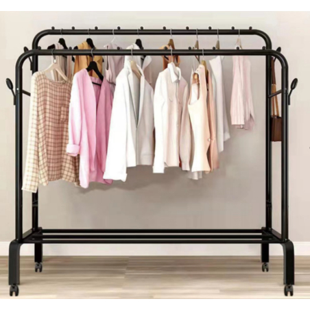 מתלה בגדים כפול ורחב עם גלגלים שחור