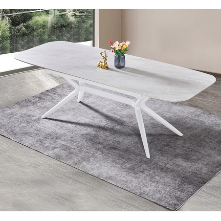 שולחן אוכל אבן קרמית באורך 1.8 מ' נפתח ל- 2.4 מ' עם רגלי ברזל דגם חץ אבן