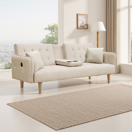 ספה תלת מושבית נפתחת למיטה עם משענת יד פונקציונלית לכוסות וטעינה מובנת דגם מאצו MEZZO חום בהיר (בז')