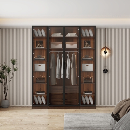 ארון בגדים 4 דלתות זכוכית עם תאורת LED רוחב 160 סדרת איטליה דגם נאפולי חום כהה | מבית WOODY
