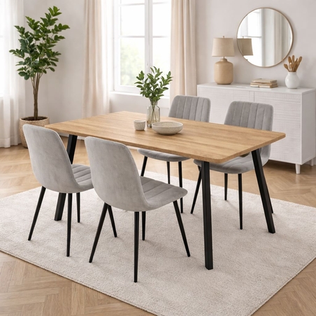 פינת אוכל קומפקטית הכוללת שולחן אוכל ו- 4 כיסאות מרופדים בגוון אפור בהיר דגם גולן-ריביירה